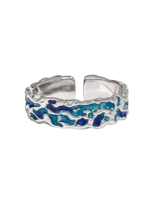 Platinum [blue drop glaze] 925 Sterling Silver Enamel Irregular Vintage Band Ring